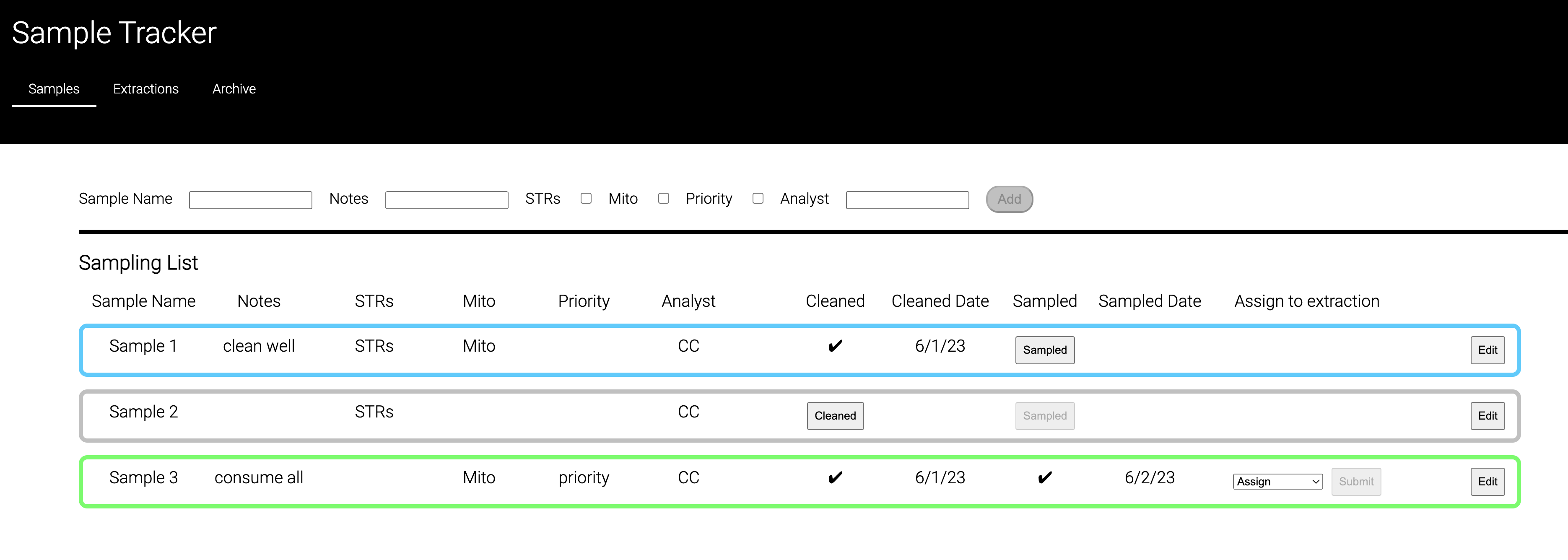 sample tracker project screenshot